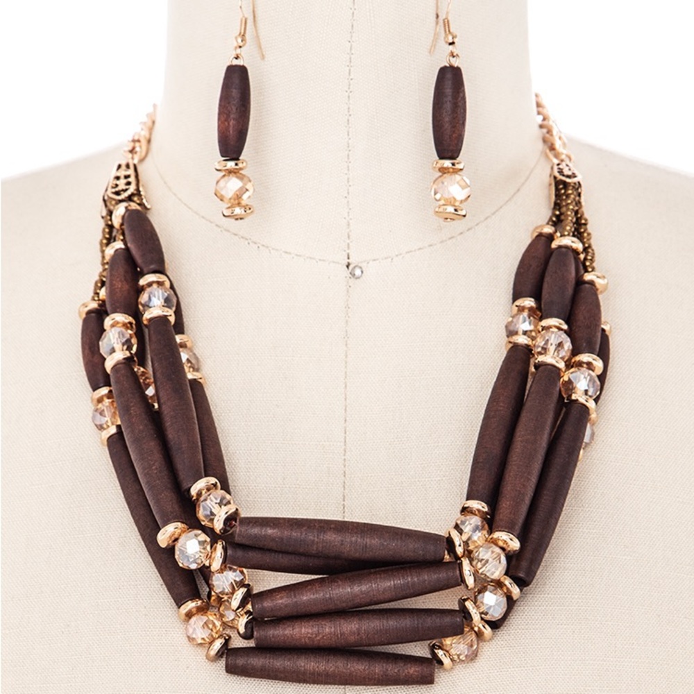 Brown & Gold Wooden Bead Layered Statement Necklace